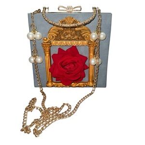 Women's Embossed Clutch Evening Bag Bowknot Snaps Crossbody Purse Chain Baroque